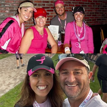 Tiffany Karlin and her husband Tony on the day they met (top) and during a recent walk in 2022 (bottom).