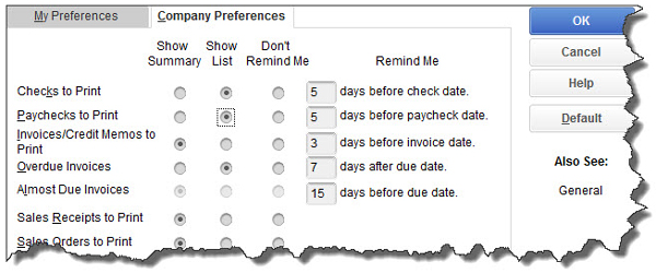 QuickBooks Company Preferences window