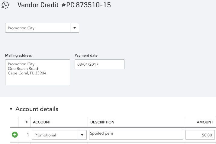 Vendor Credit form